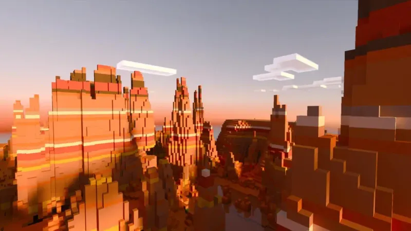 Minecraft Bedrock eroded badlands biome at sunset