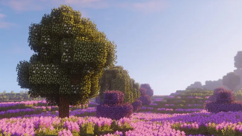 Minecraft landscape with flower fields and trees