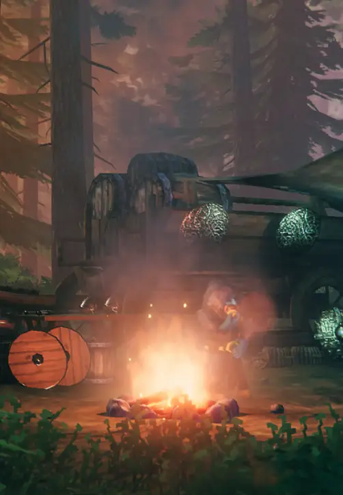 Valheim background viking in camp behind campfire